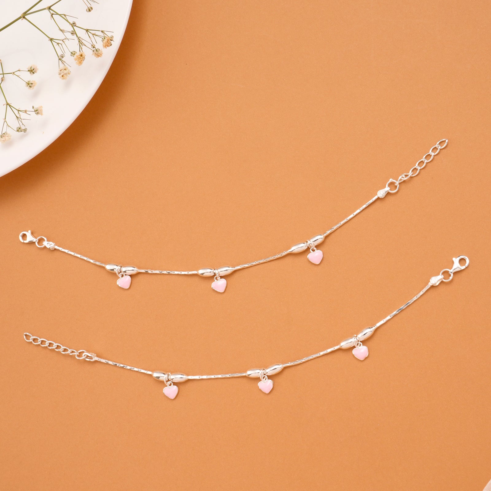 Charm Pink Heart Silver Baby Anklets