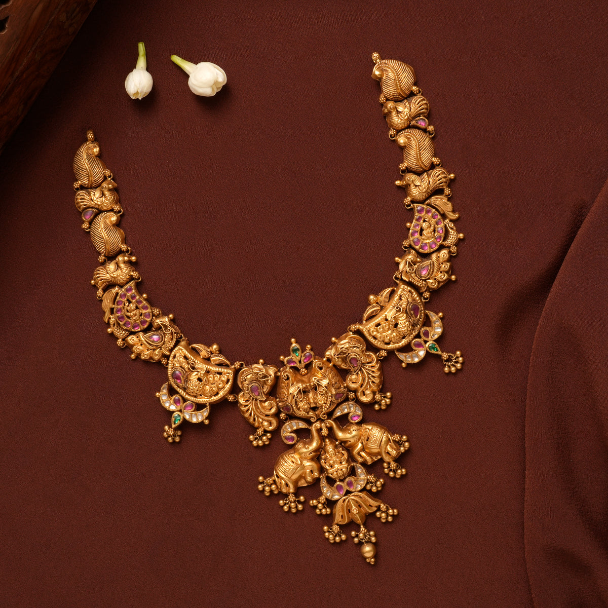 Traditional Gaja Lakshmi Ruby Gold Necklace