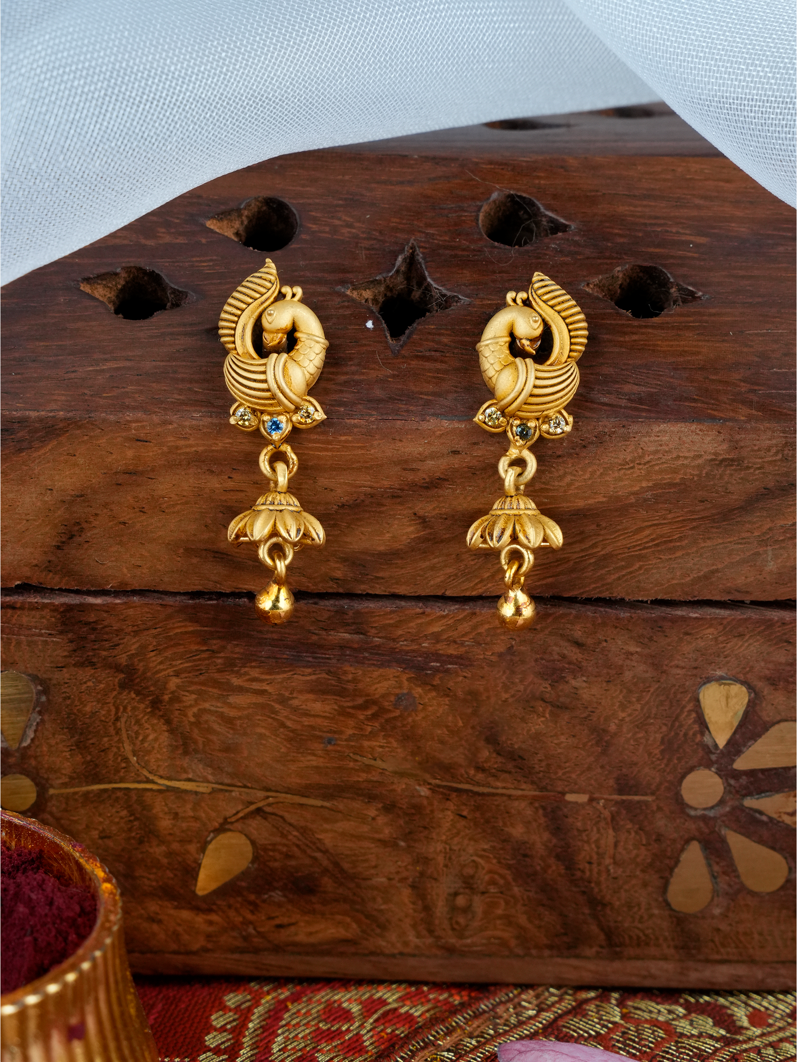 Twin Peacock Drop Temple Gold Earring
