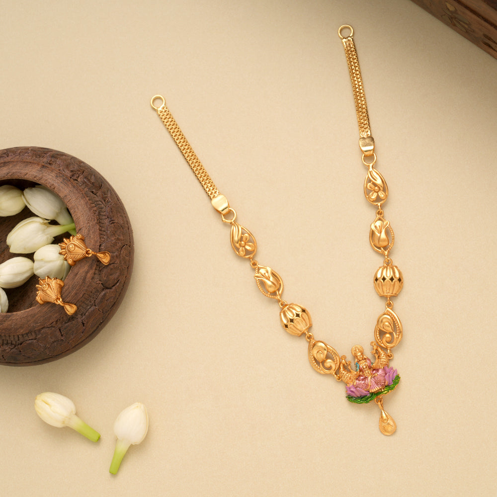 Classic Flower Lakshmi Design Golden Necklace Set