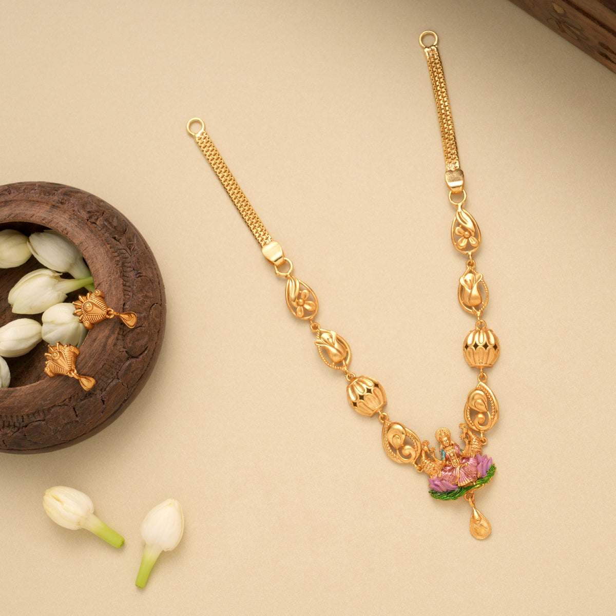 Classic Flower Lakshmi Design Golden Necklace Set