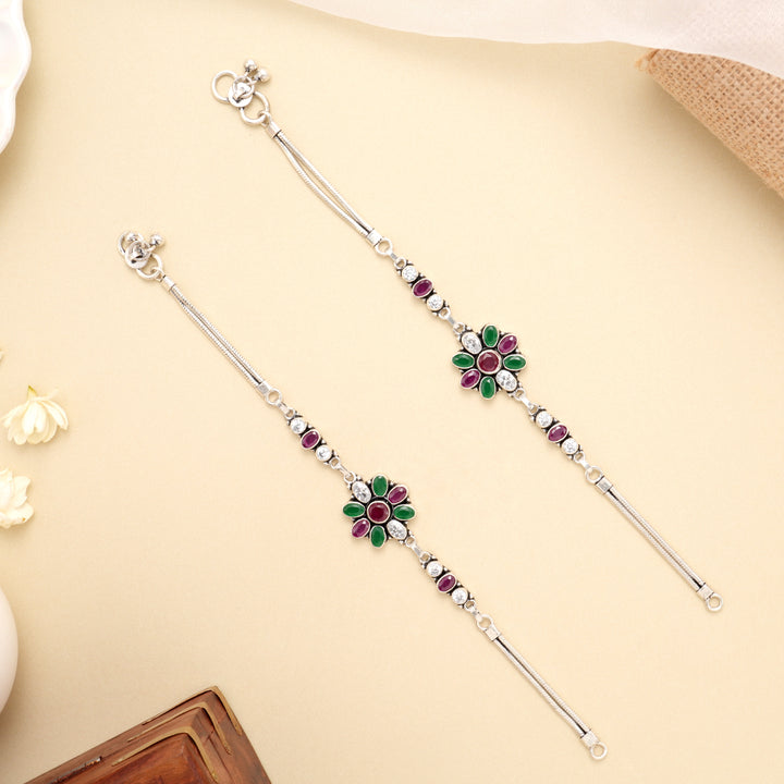 Emerald Ruby Bloom Silver Antique Anklet