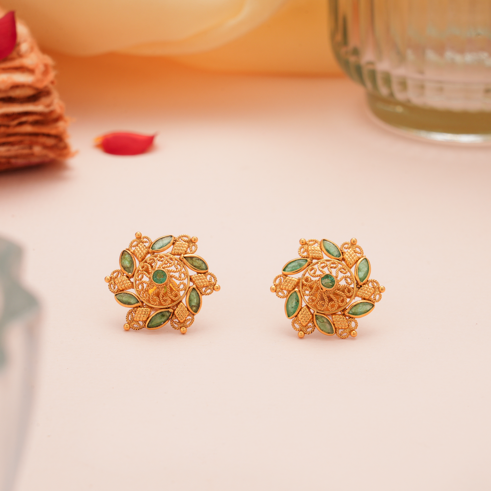 Blooming Flower Gold Emerald Stud