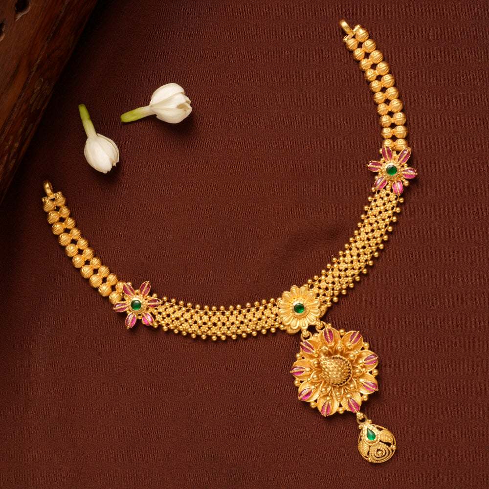 Floral Peacock Ruby Emerald Gold Necklace