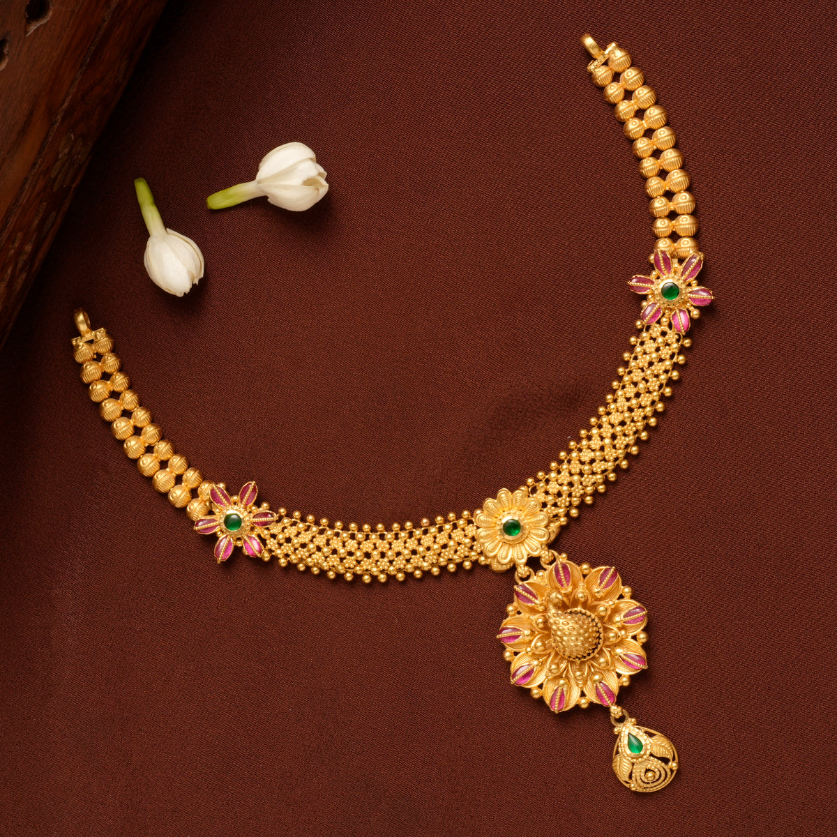 Floral Peacock Ruby Emerald Gold Necklace