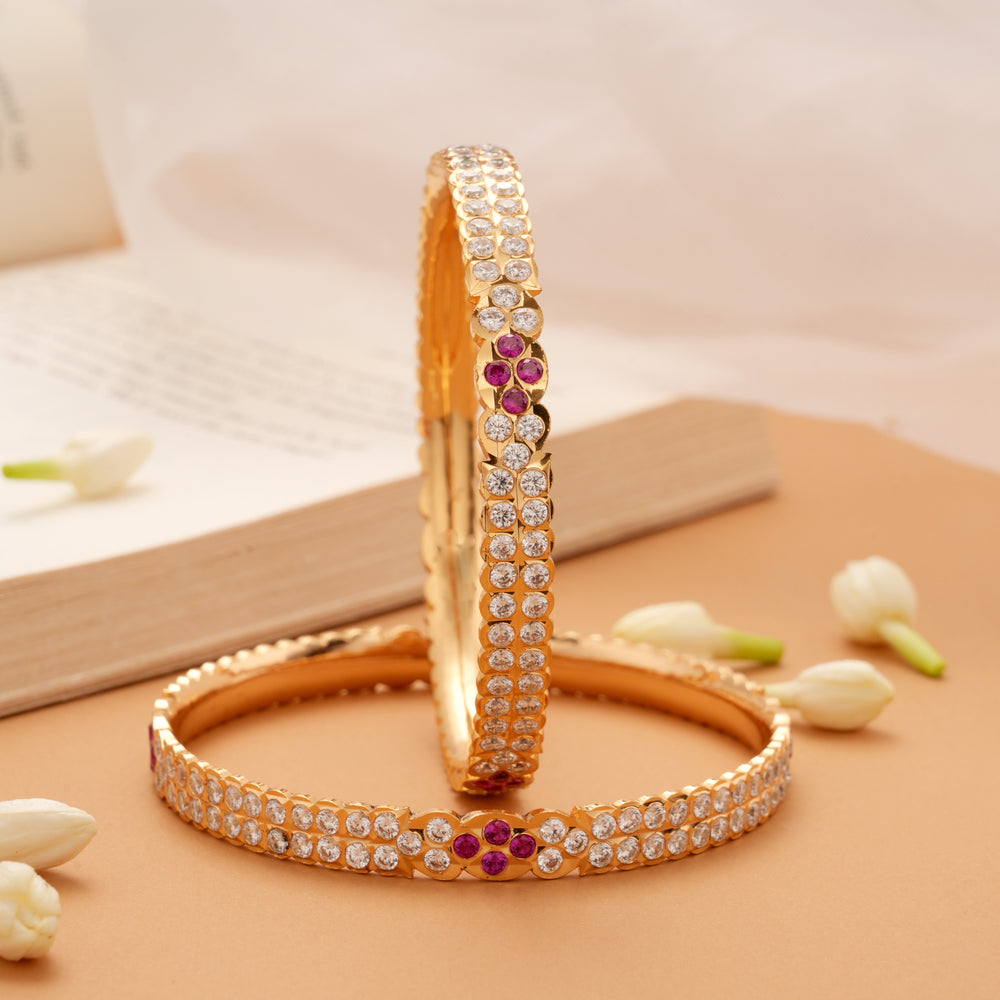 Traditional Pink Floral White Stone Golden Bangles