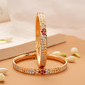 Traditional Pink Floral White Stone Golden Bangles