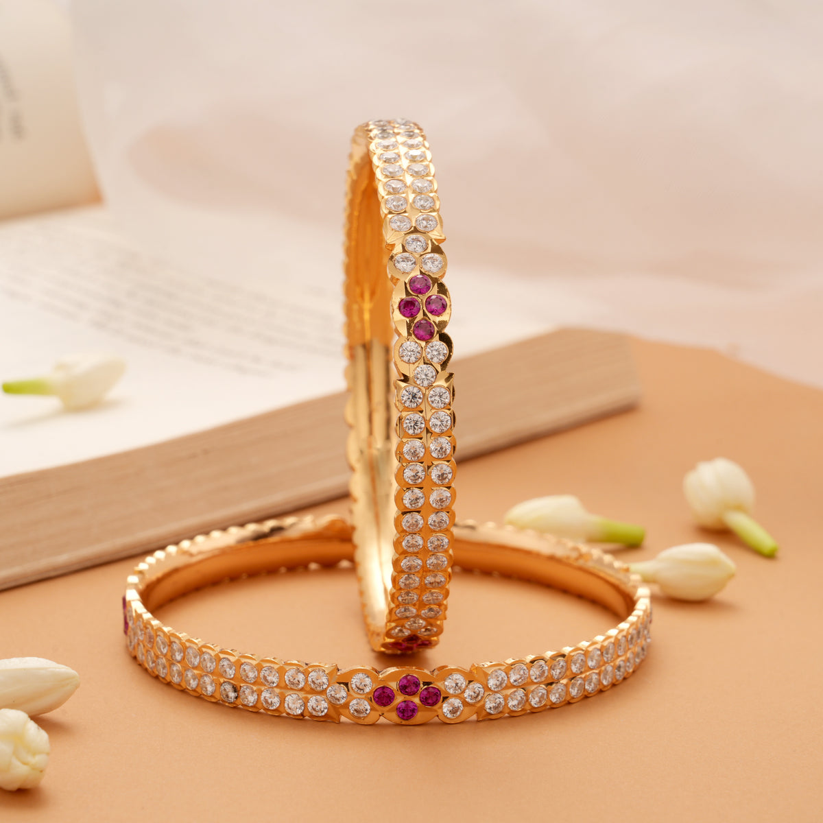Traditional Pink Floral White Stone Golden Bangles