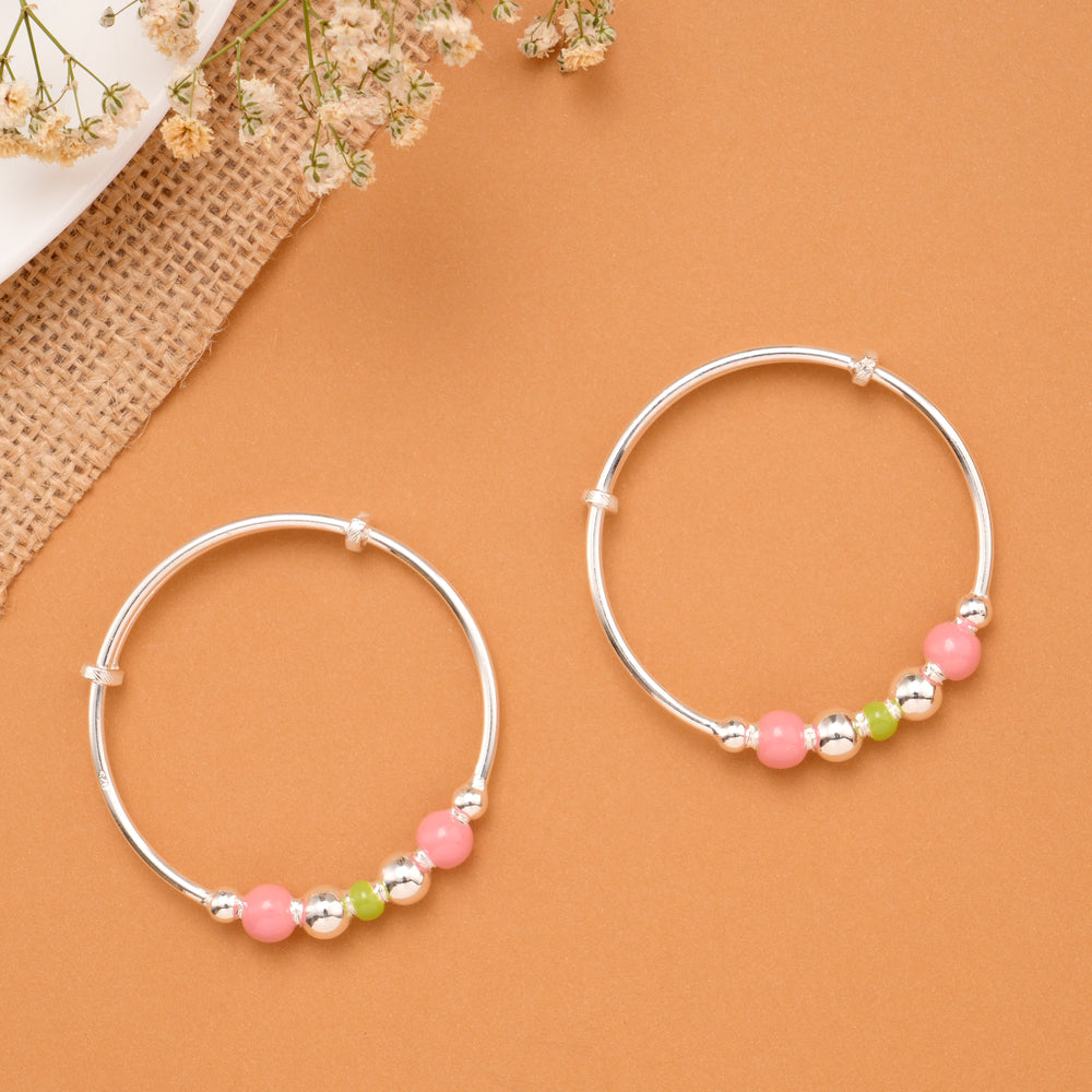 Pink & Green Bead Baby Silver Bangle