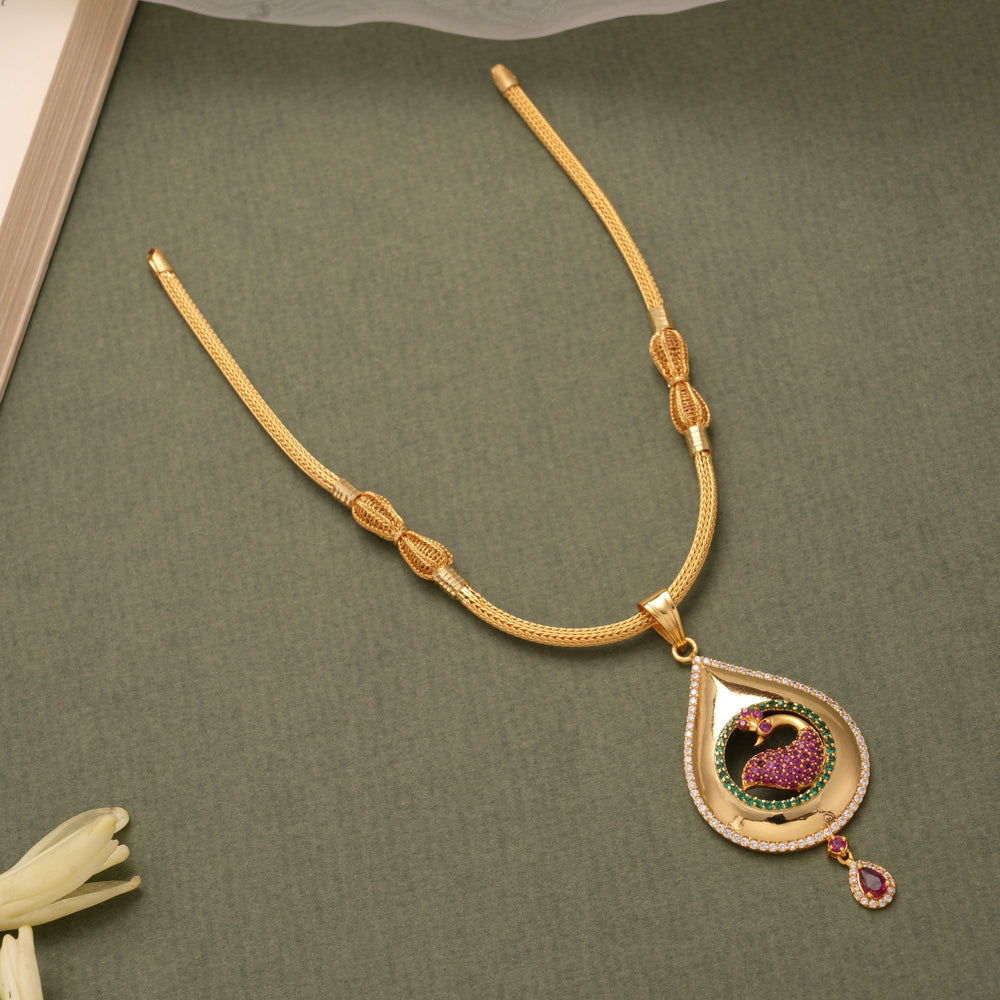 Regal Ruby Emerald Peacock Design Golden Necklace