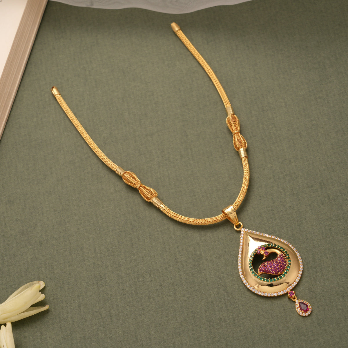 Regal Ruby Emerald Peacock Design Golden Necklace