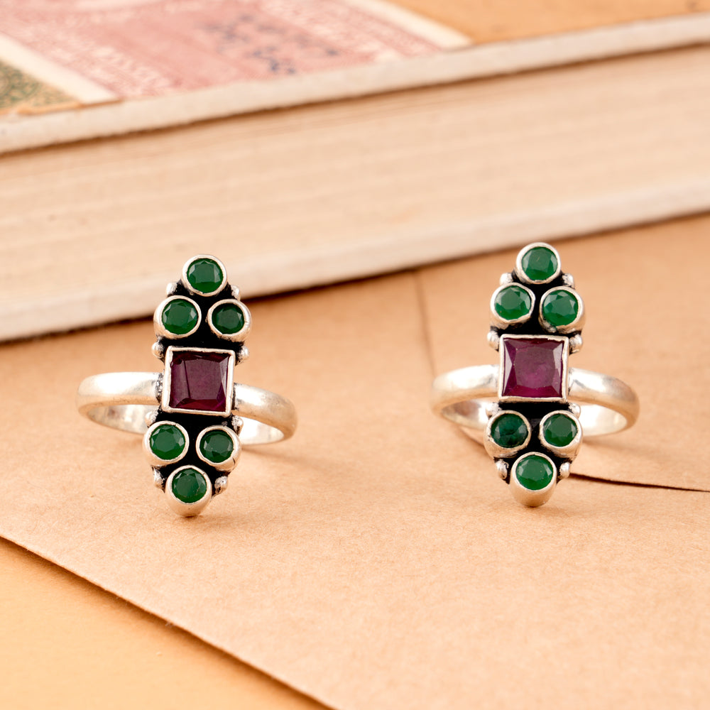 Antique Halo Ruby with Emerald Silver Toe Ring