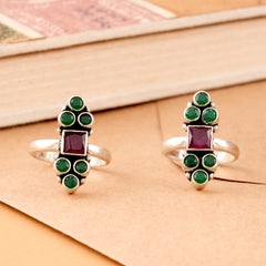 Antique Halo Ruby with Emerald Silver Toe Ring