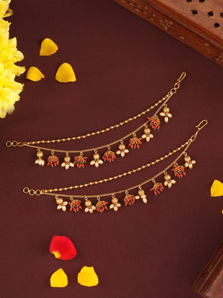 Two Layer Ruby and Pearl Gold Ear Chain