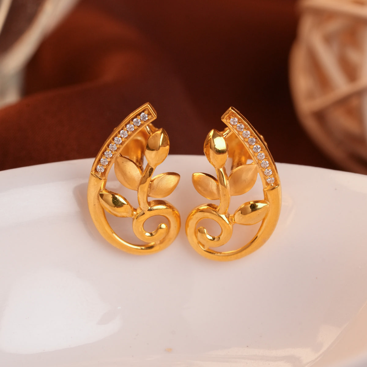 Gold Leaf Vine Curl Stud Earrings with White Stone Edge