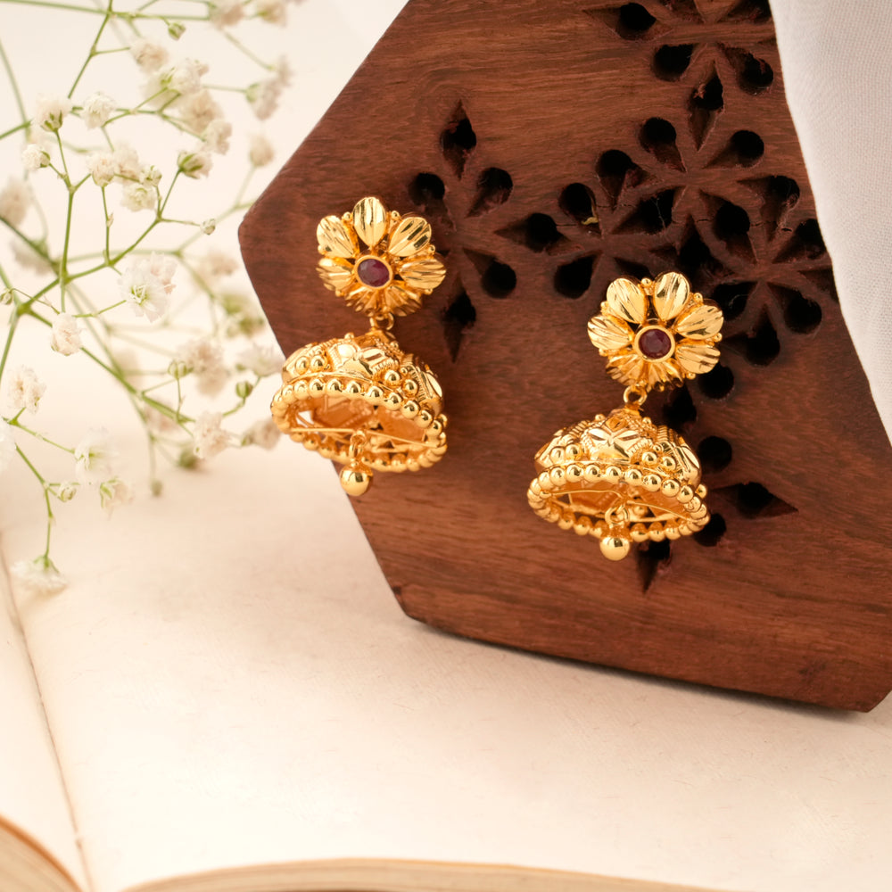 Bloom Pattern Golden Ruby Jhumkas