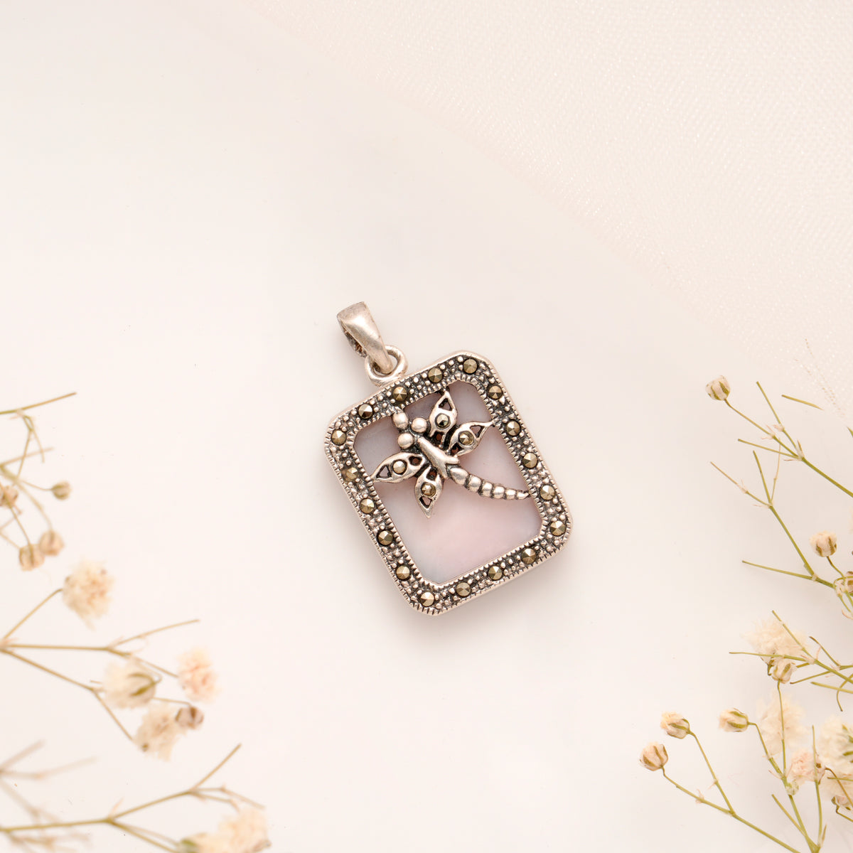 Square Shape Dragonfly Silver Pendant