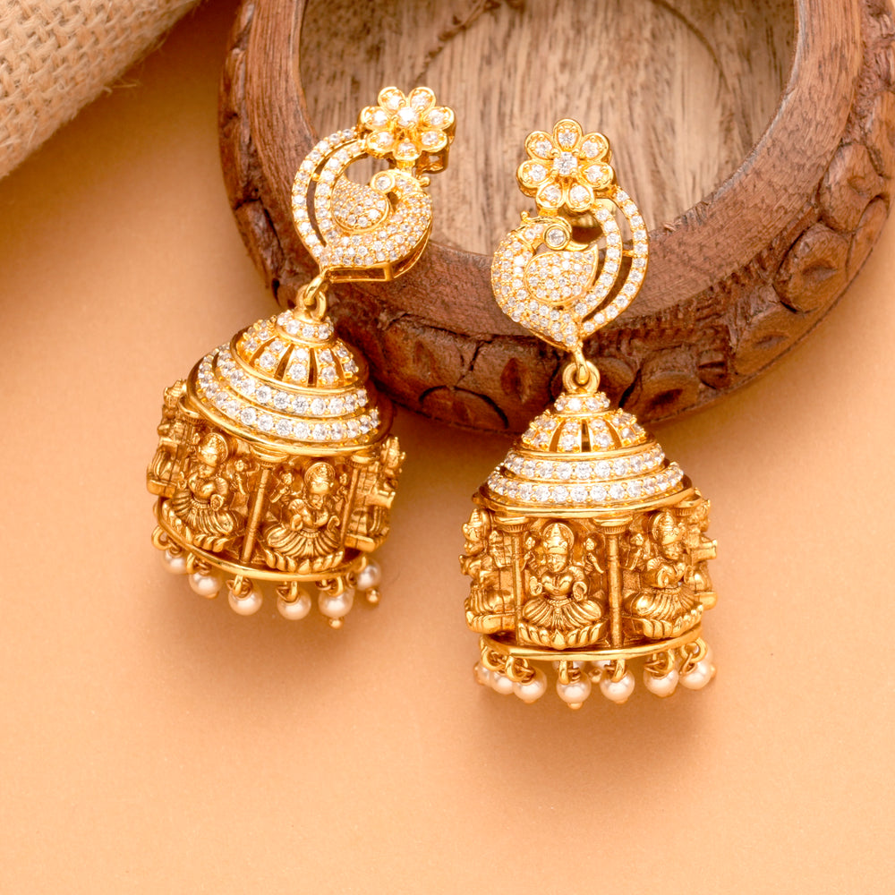 Temple Inspired Lakshmi White Stone Golden Jhumkas