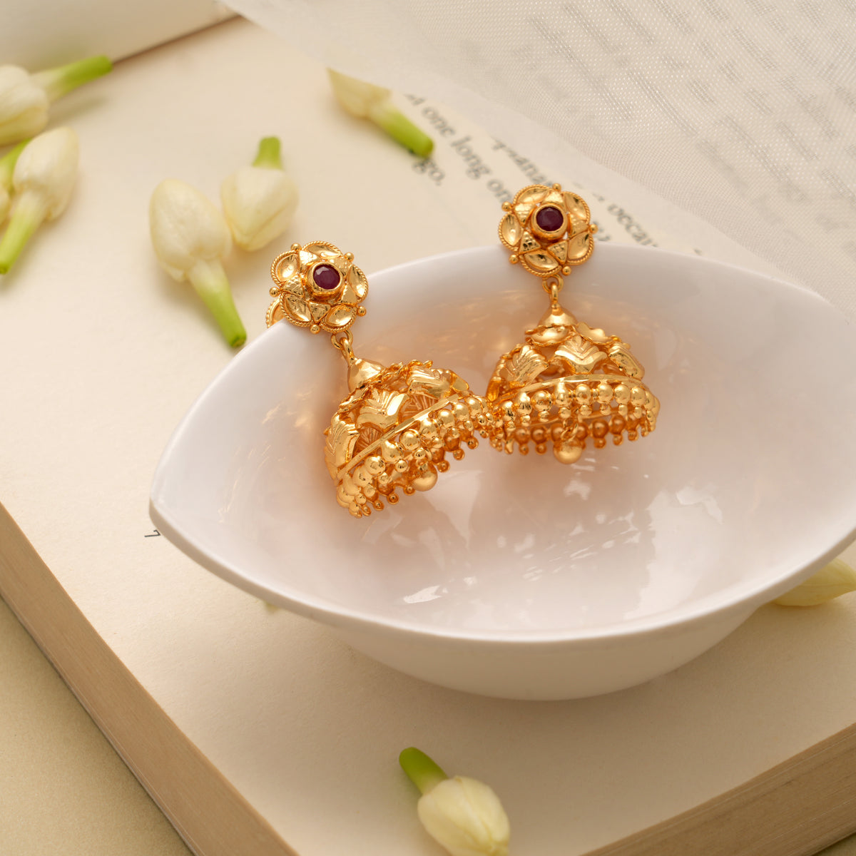 Elegant Leafy Pattern Golden Jhumkas