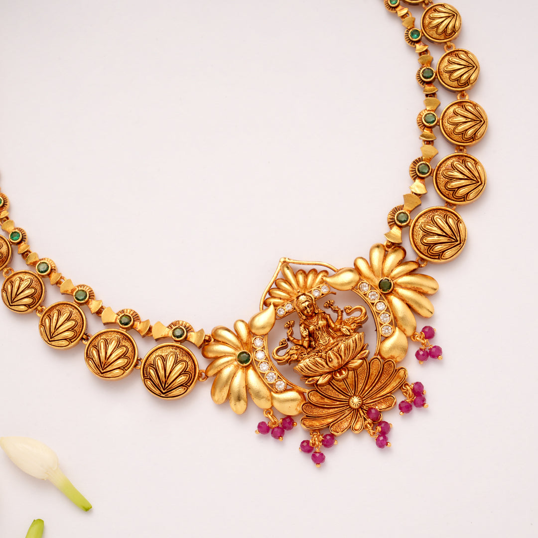 Elegant Blossom Floral Gaja Lakshmi Golden Necklace