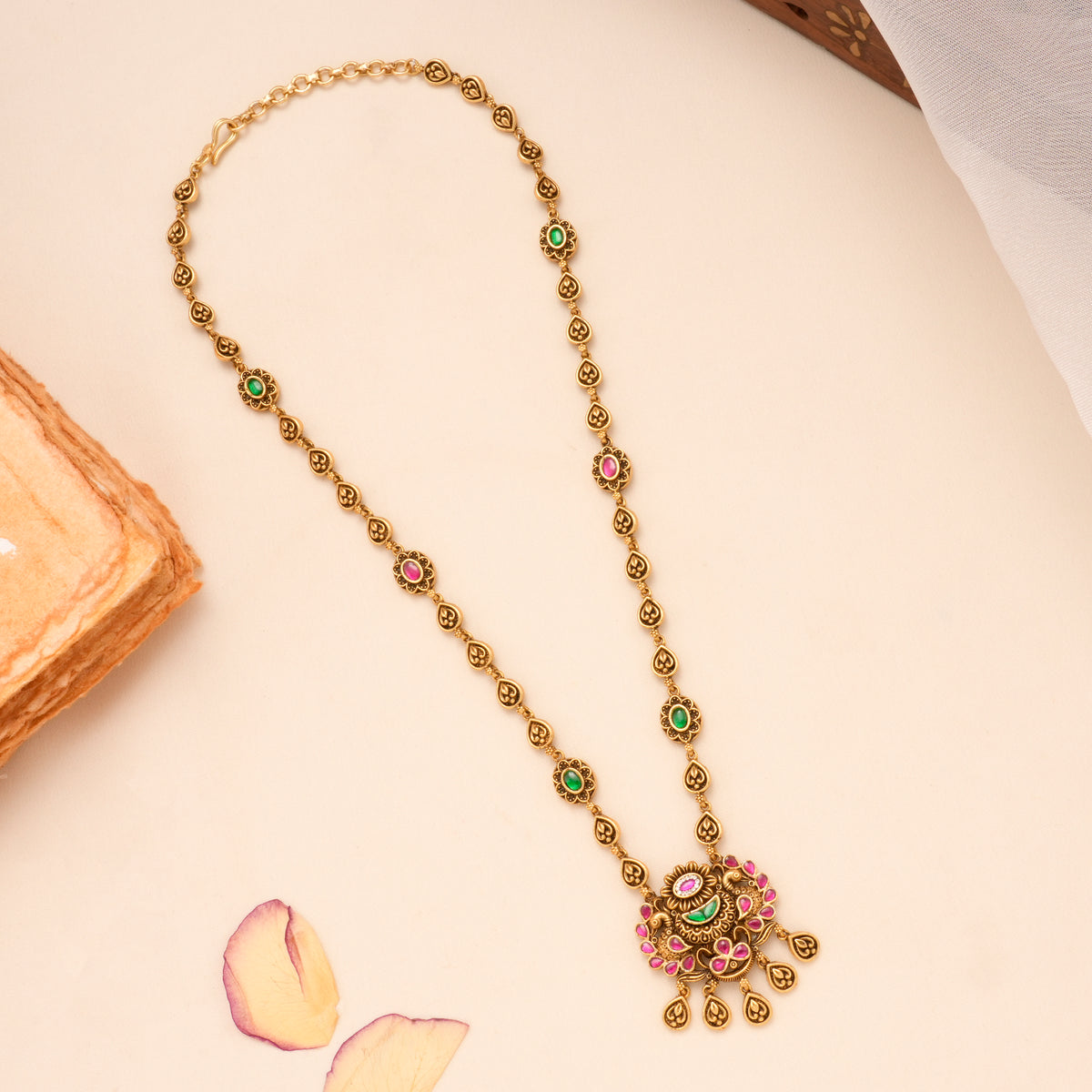 Classic Tear Drop Ruby Peacock Golden Necklace Set