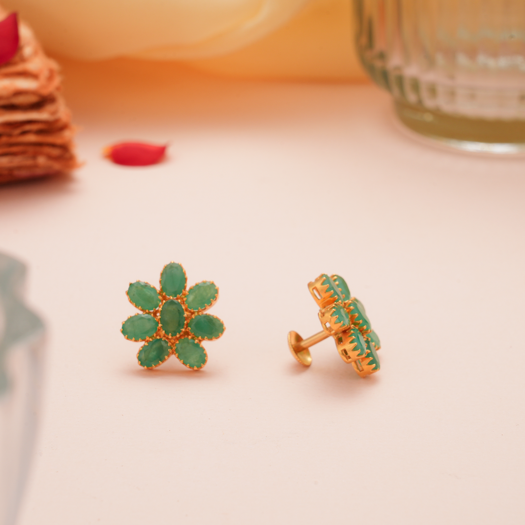 Majestic Emerald Floral Gold Stud