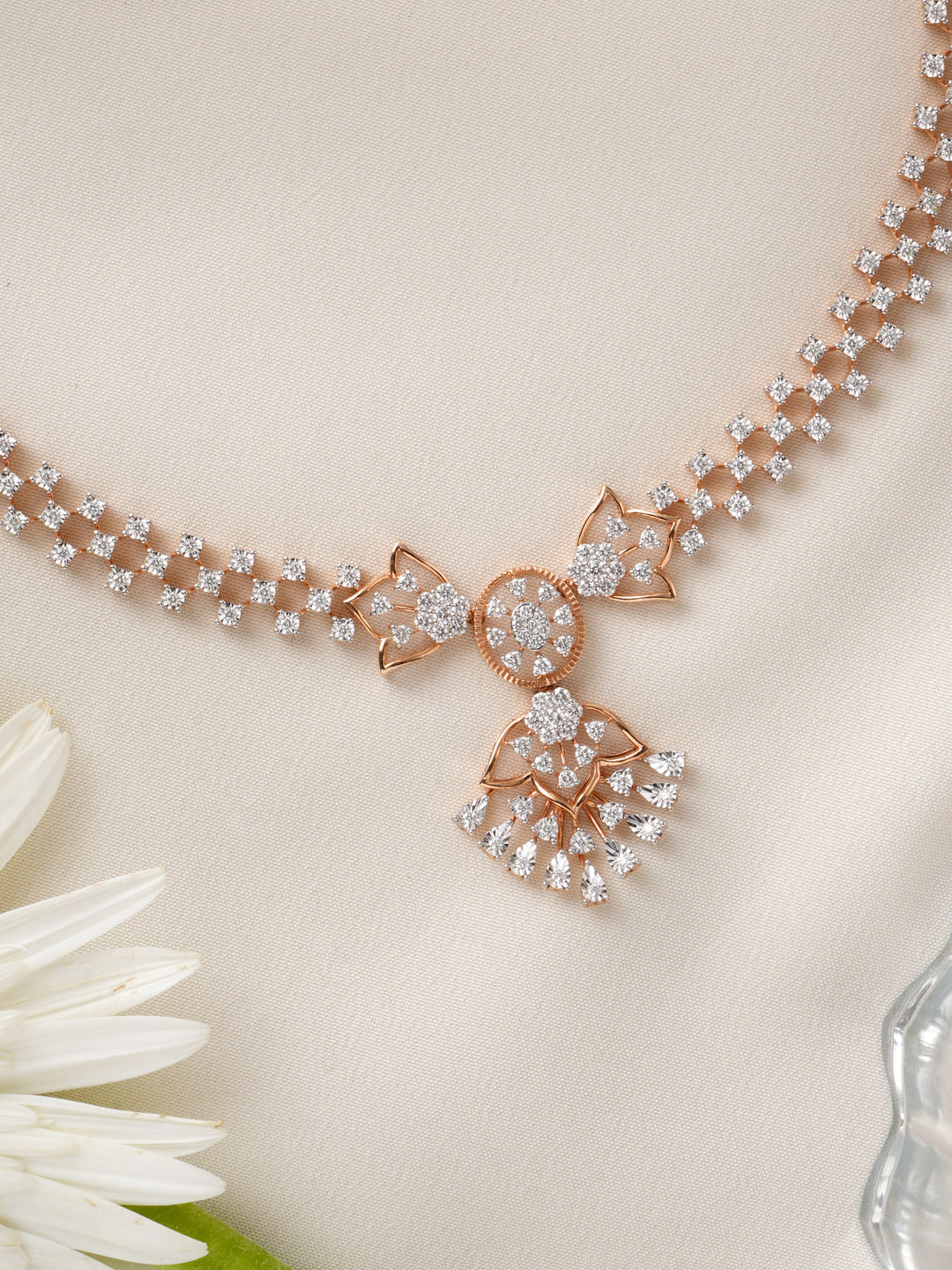 Floral Drop Diamond Rose Gold Necklace