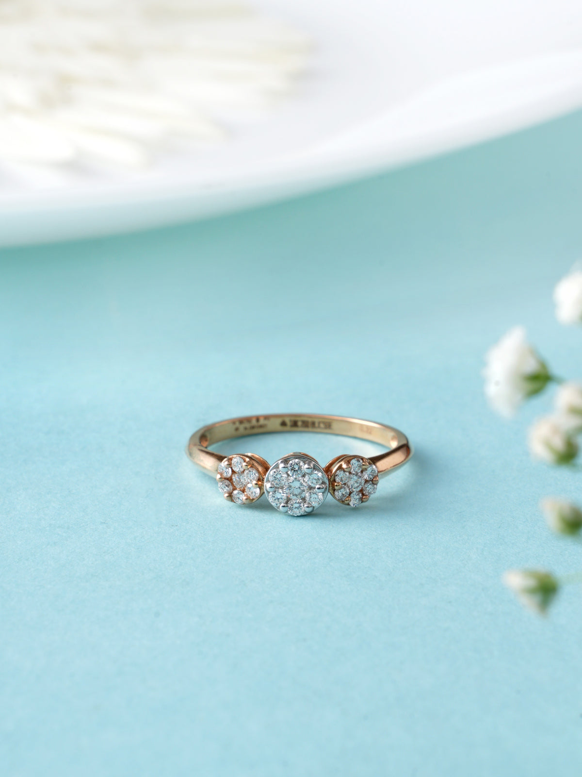 Twinkling Three Stone Diamond Rose Gold Ring