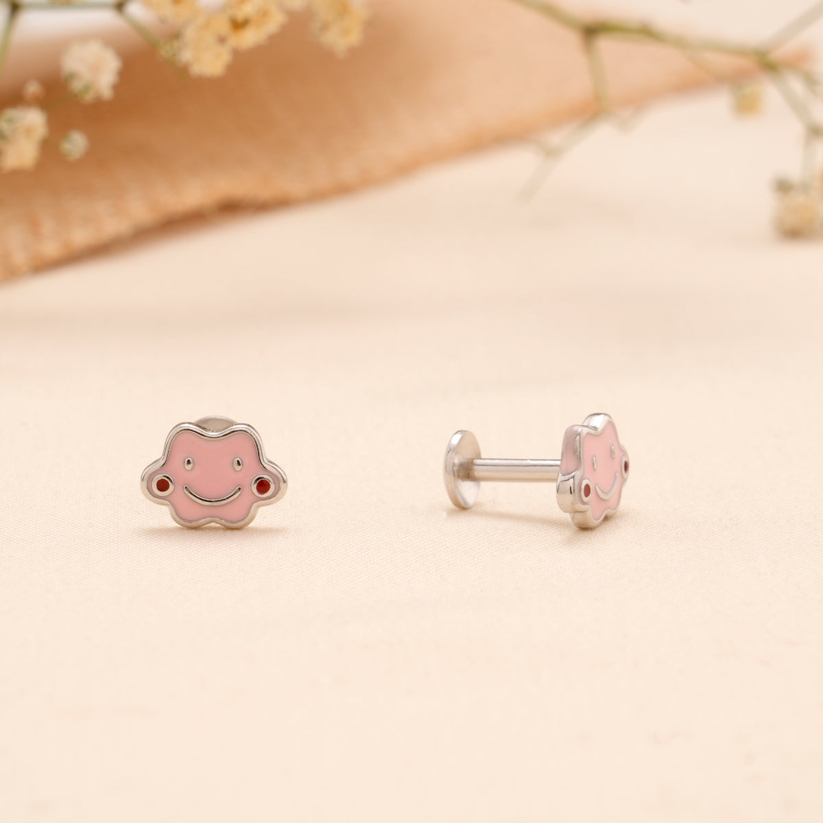 Pink Smiley Cloud Enamel Silver Stud