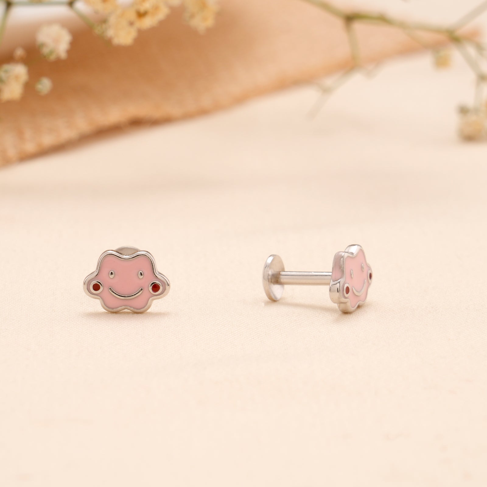 Pink Smiley Cloud Enamel Silver Stud