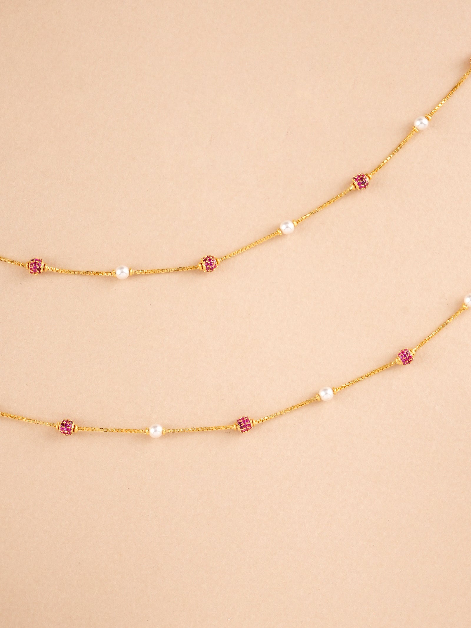 Ruby Ball and White Pearl Gold Anklet