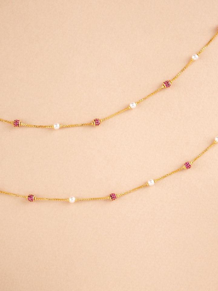 Ruby Ball and White Pearl Gold Anklet