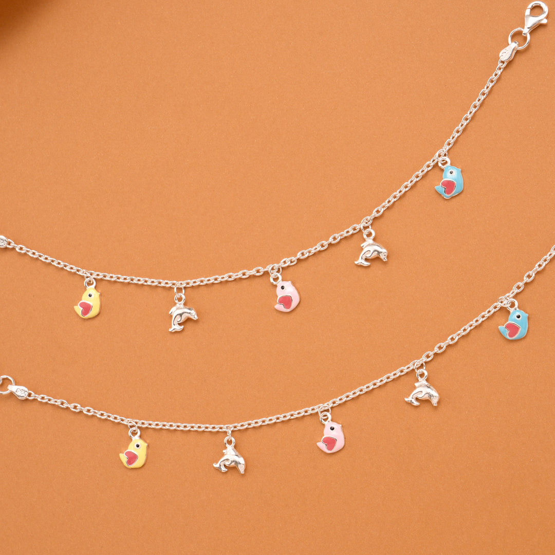 Colorful Birds Silver Baby Anklets