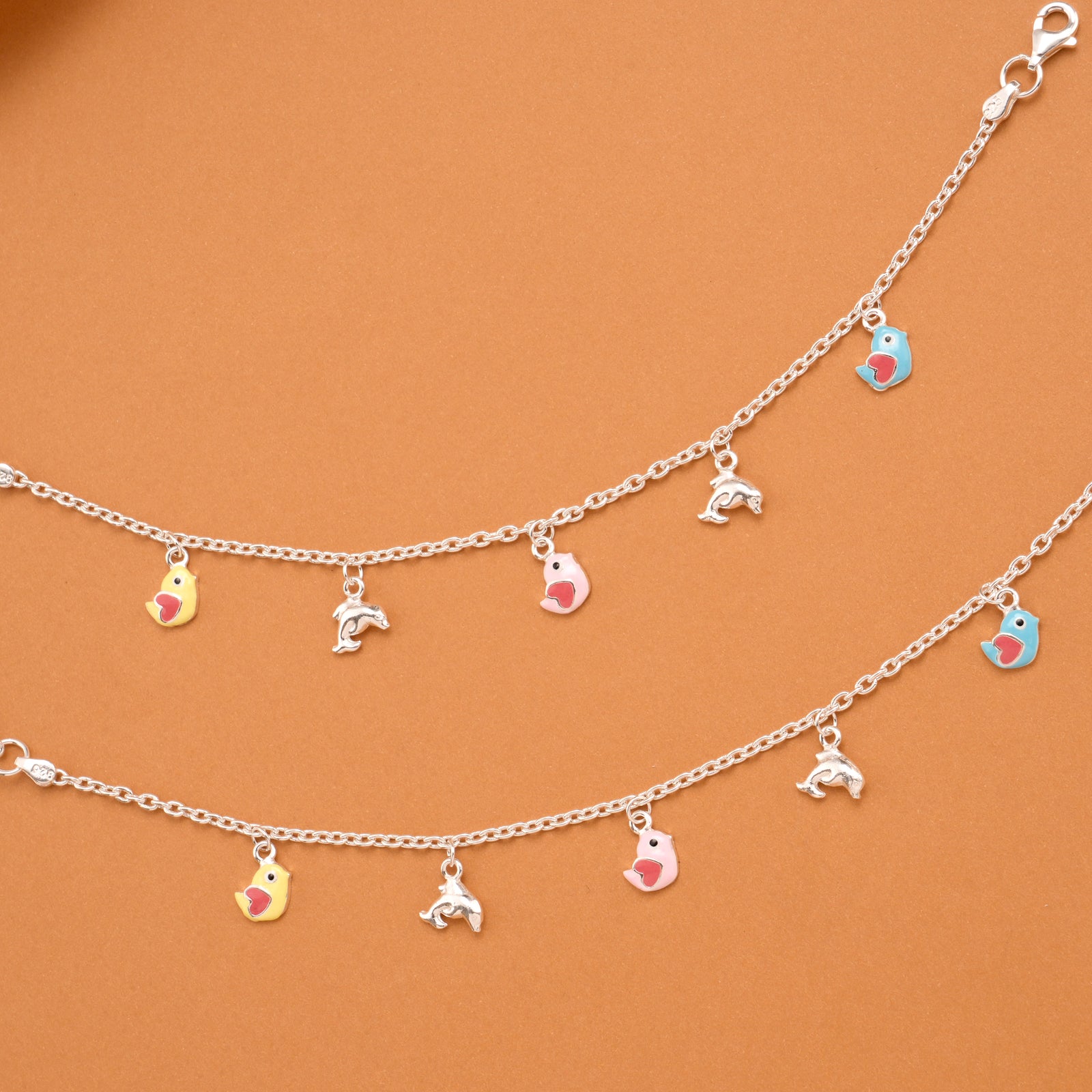 Colorful Birds Silver Baby Anklets
