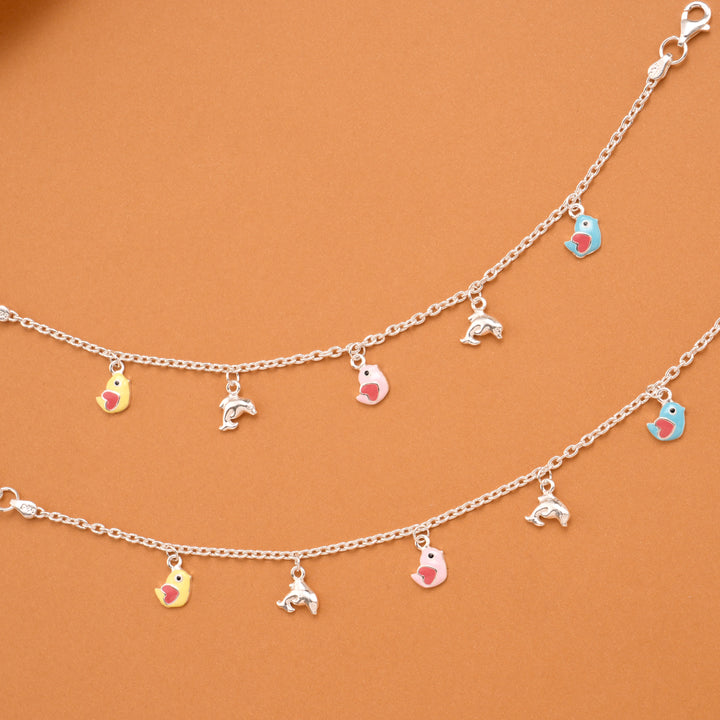 Colorful Birds Silver Baby Anklets