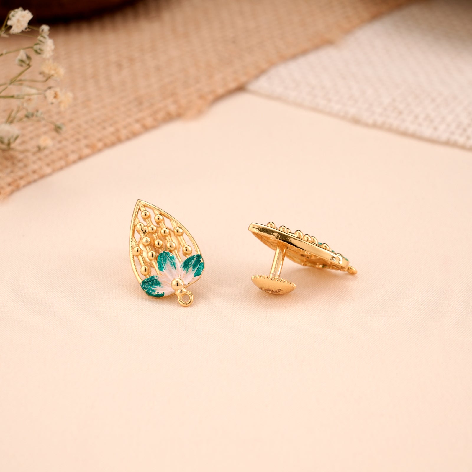 Leaf Floral Pattern Golden Stud Earrings