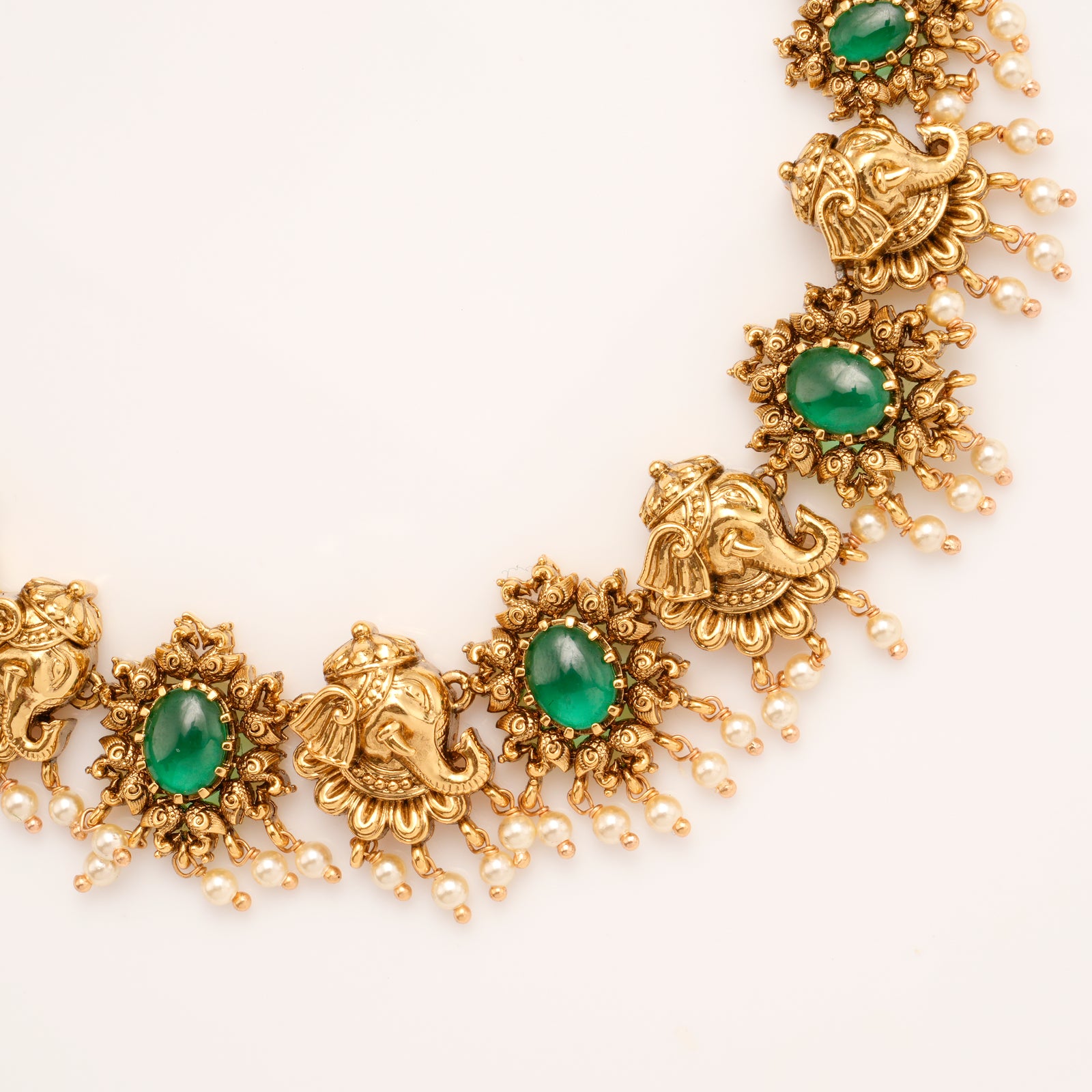 Premium Elephant Emerald Pearl Drop Golden Necklace