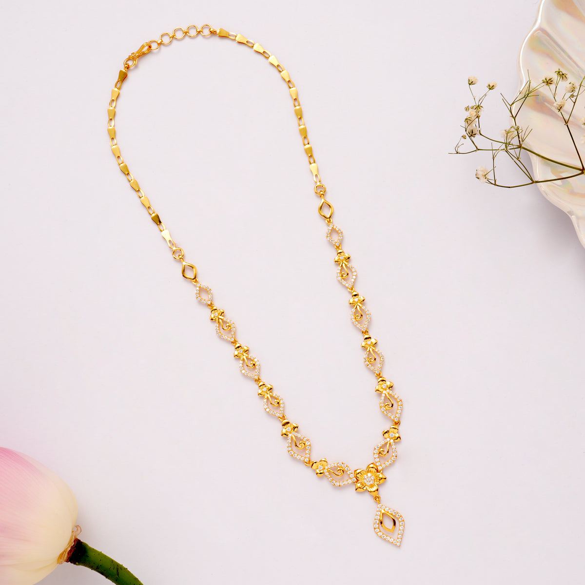 Floral White Stone Golden Necklace Set
