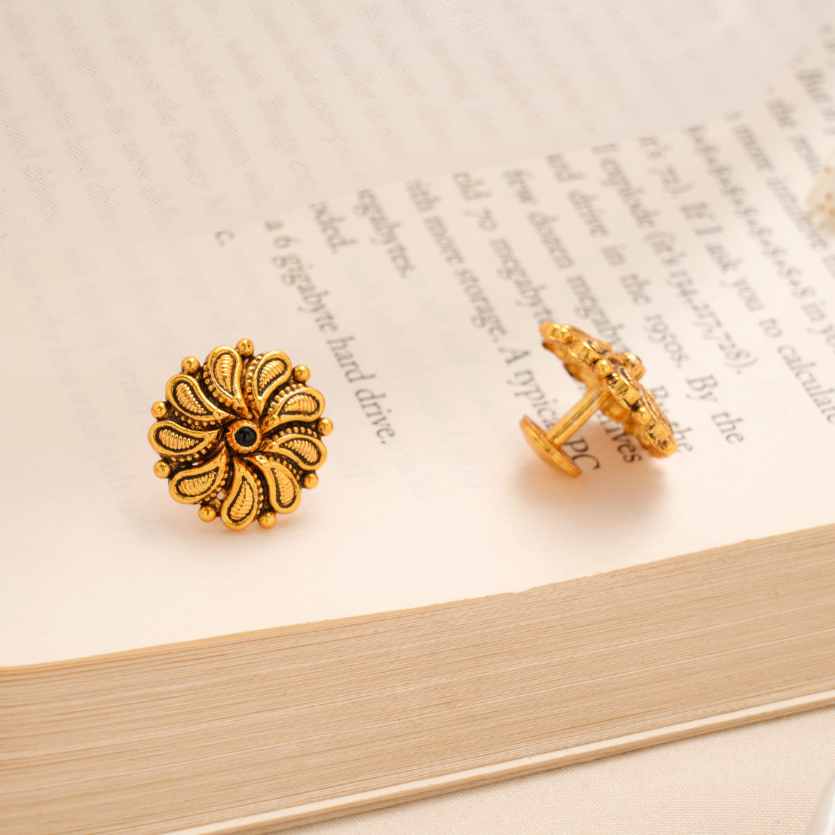 Traditional Paisley Carved Silver Gold Plated Stud