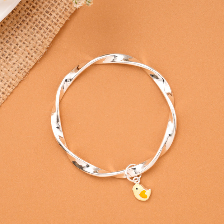 Twisted Silver Bangle with Duck Charm for Babies