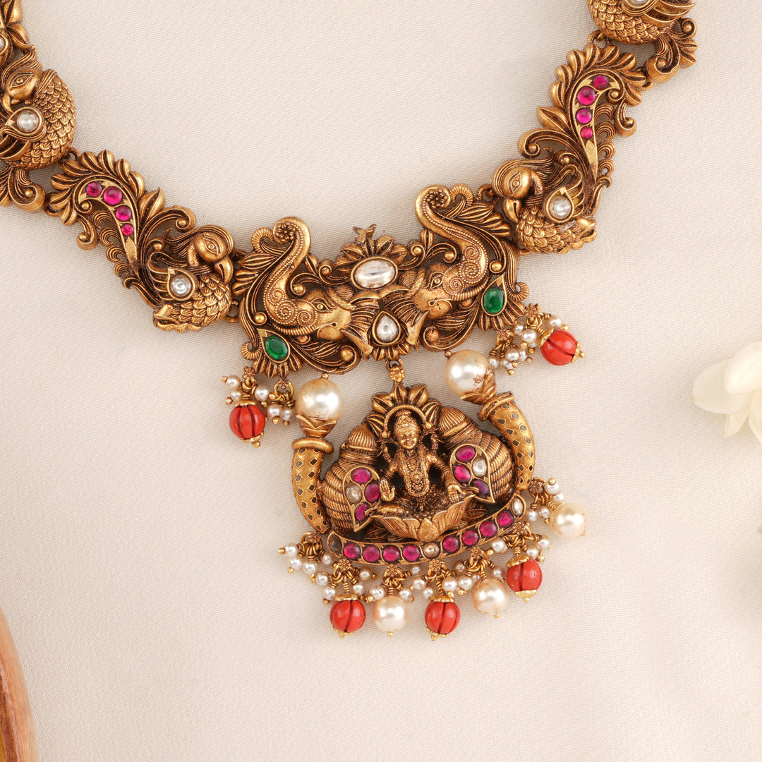 Temple Style Antique Coral Lakshmi Necklace