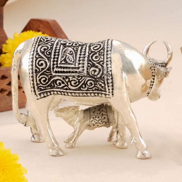 Silver Antique Cow and Calf Statue