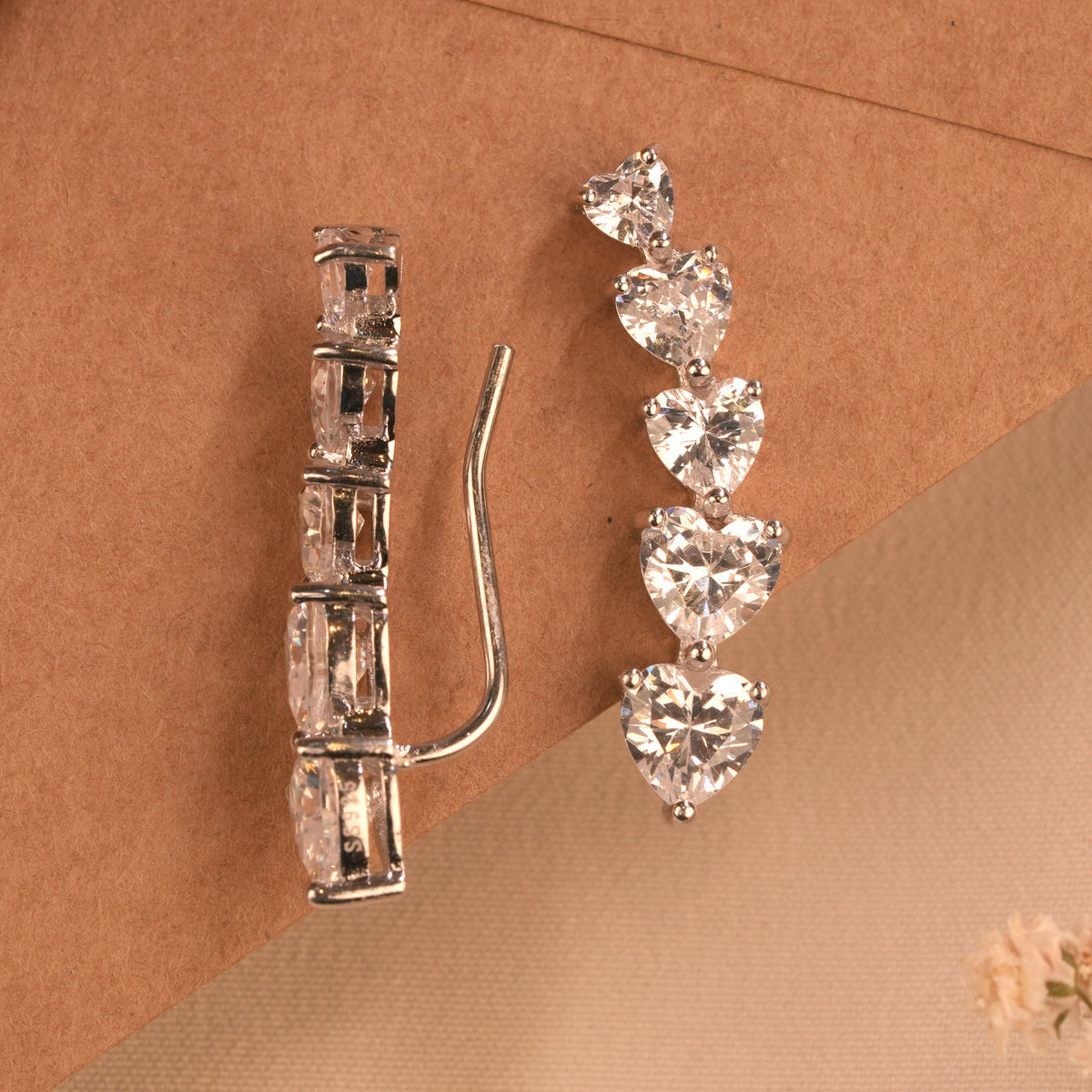 Minimal Crystal Silver Heart Ear Crawlers