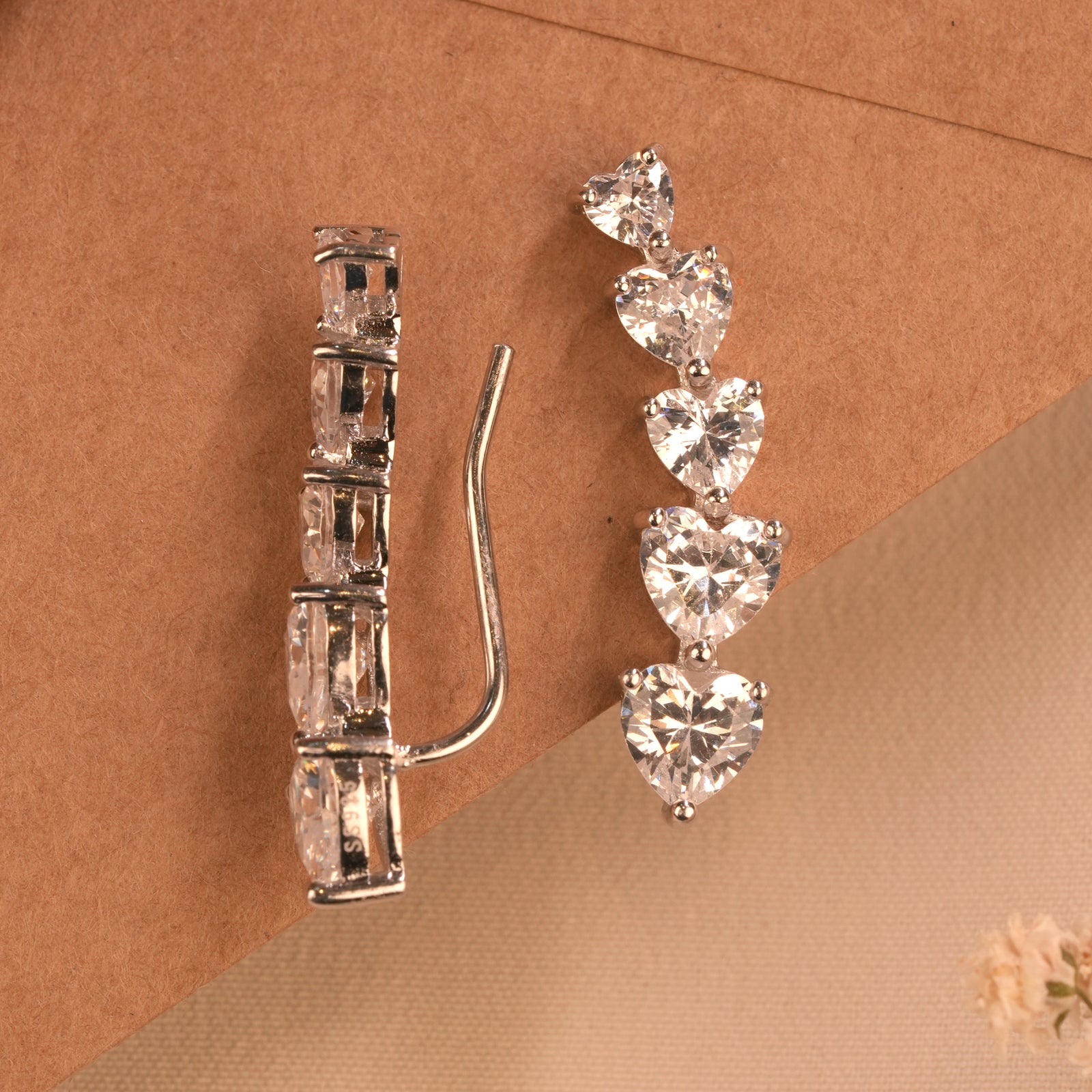 Minimal Crystal Silver Heart Ear Crawlers