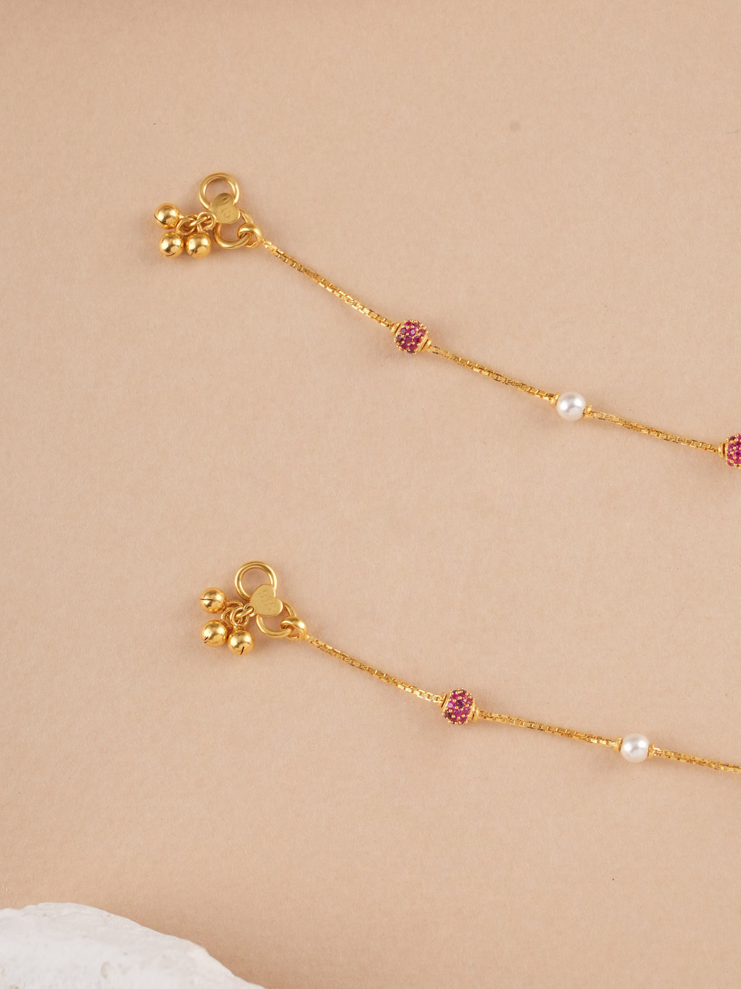 Ruby Ball and White Pearl Gold Anklet