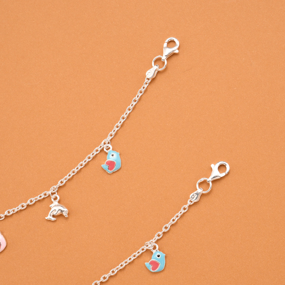 Colorful Birds Silver Baby Anklets