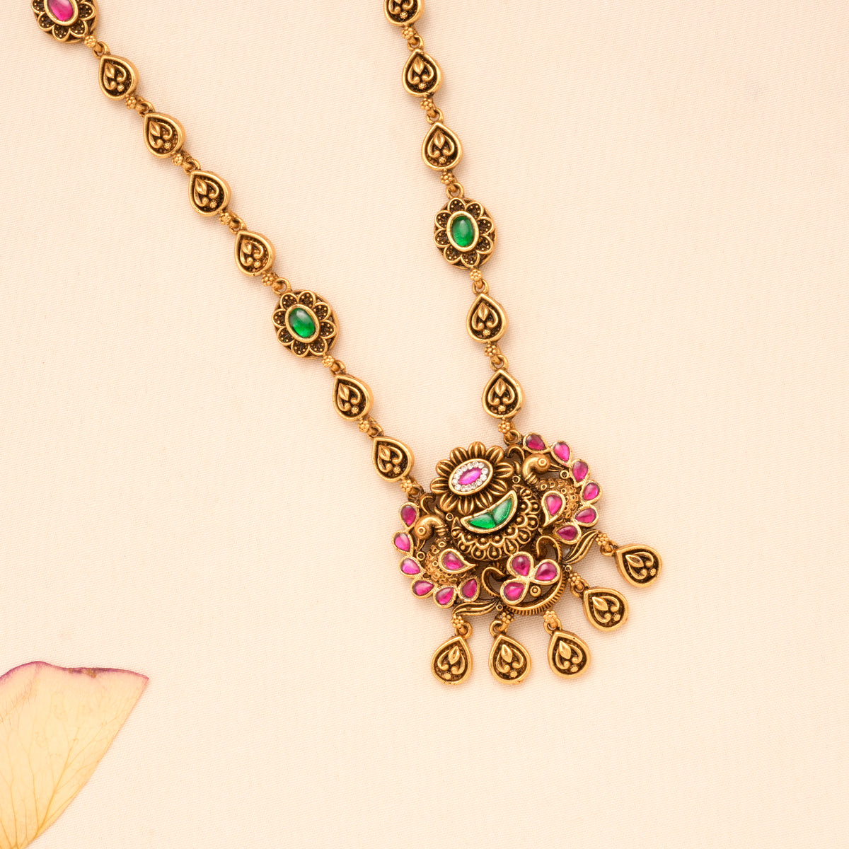 Classic Tear Drop Ruby Peacock Golden Necklace Set