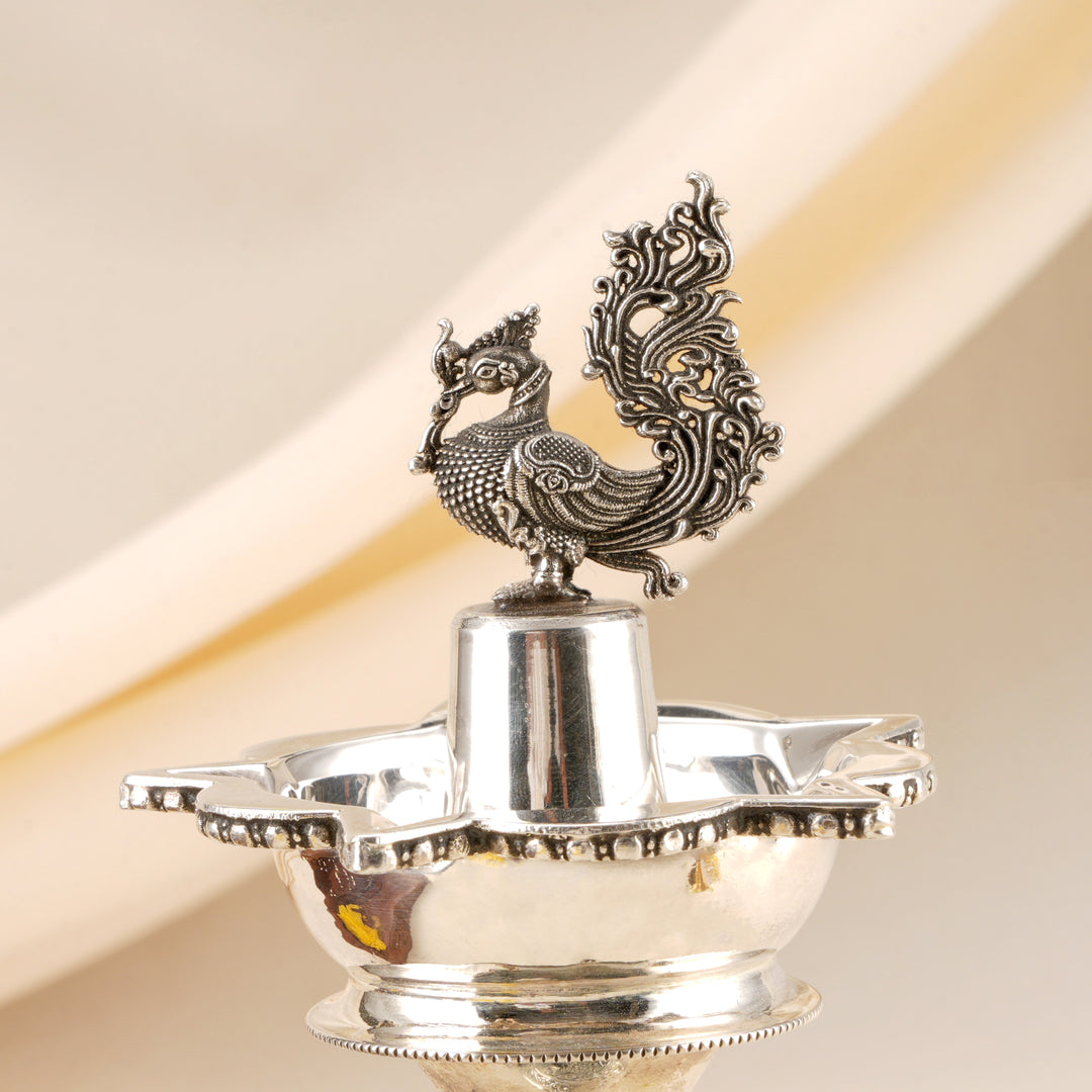 Antique Silver with Peacock-Elephant Vilakku