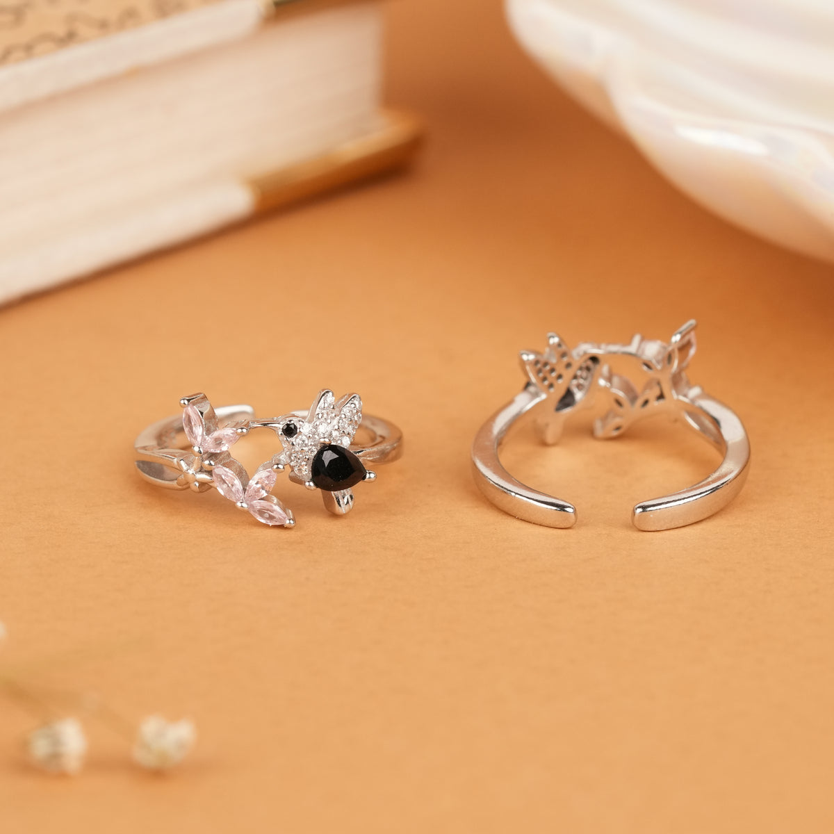 Tiny Black Stone Hummingbird Silver Toe Ring