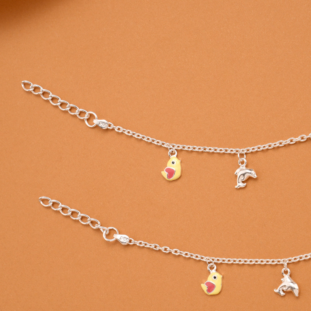 Colorful Birds Silver Baby Anklets